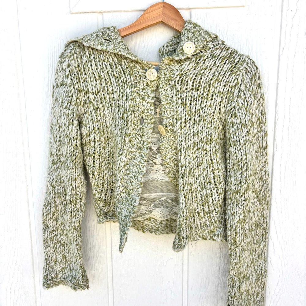 Free People Wool Alpaca Blend Y2K Green Cropped Shawl Neck Cardigan